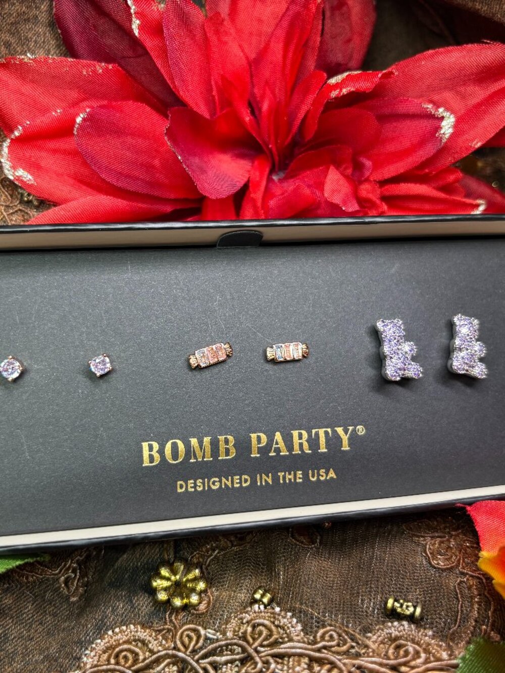 Bomb Party “Candy Glam Moment” 3 Pair Shiny Studs RBP6616 MSRP $96